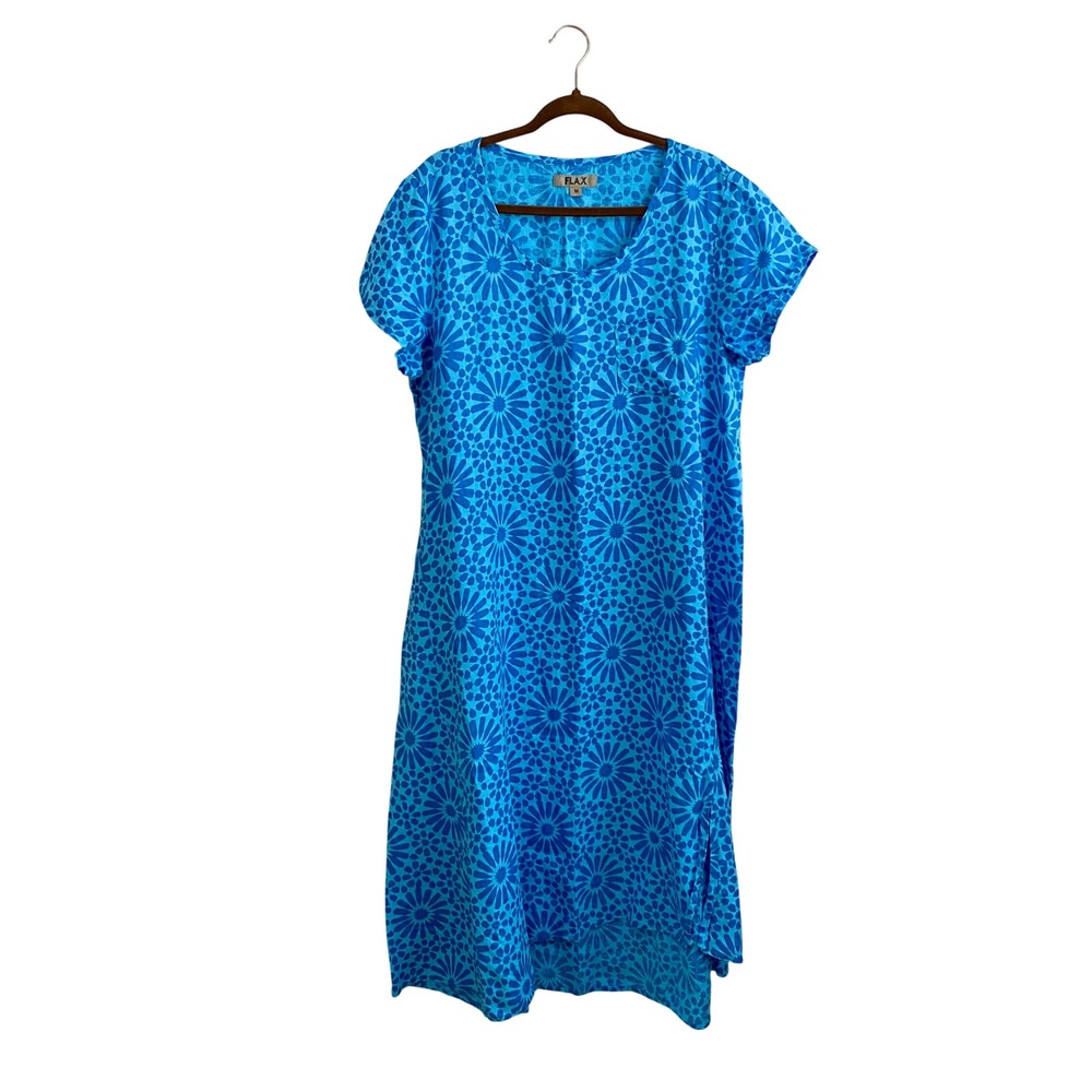 FLAX Linen Shift‎ Dress Women Med Blue Geometric Floral Midi Short Sleeve